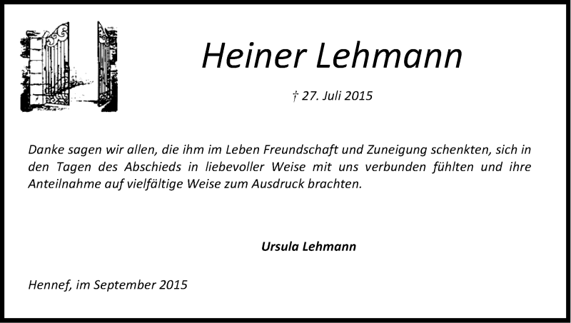  Traueranzeige für Heiner Lehmann vom 07.09.2015 aus Kölner Stadt-Anzeiger / Kölnische Rundschau / Express