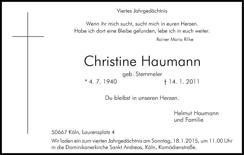  Traueranzeige für Christine Haumann vom 14.01.2015 aus Kölner Stadt-Anzeiger / Kölnische Rundschau / Express