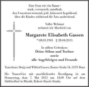 Anzeige von Margarete Elisabeth Gassen von  Extra Blatt 