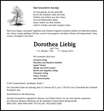 Anzeige von Dorothea Liebig von Kölner Stadt-Anzeiger / Kölnische Rundschau / Express