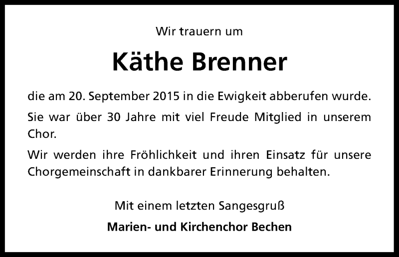  Traueranzeige für Käthe Brenner vom 24.09.2015 aus Kölner Stadt-Anzeiger / Kölnische Rundschau / Express