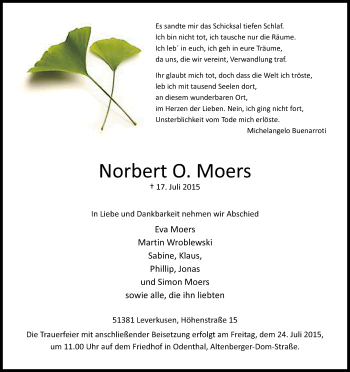 Anzeige von Norbert O. Moers von Kölner Stadt-Anzeiger / Kölnische Rundschau / Express