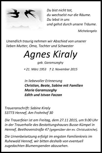 Anzeige von Agnes Kiraly von Kölner Stadt-Anzeiger / Kölnische Rundschau / Express