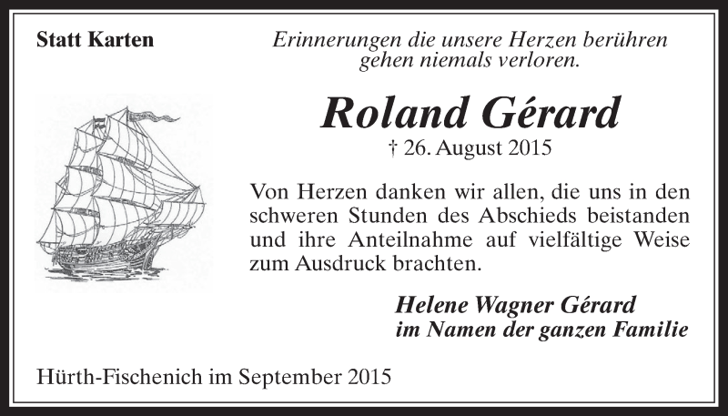  Traueranzeige für Roland Gérard vom 23.09.2015 aus  Wochenende 