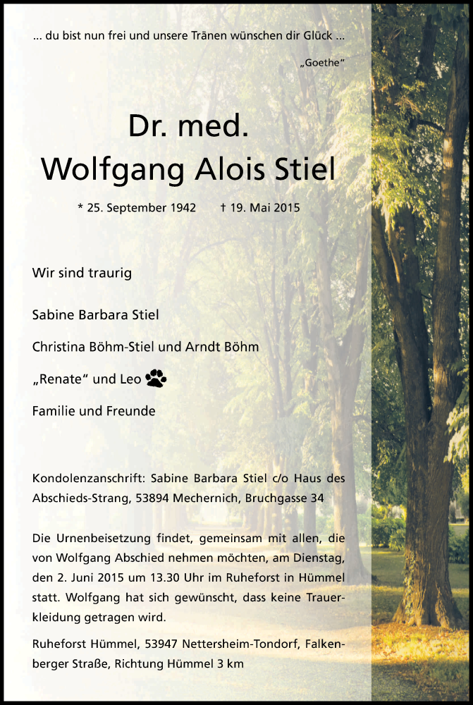  Traueranzeige für Wolfgang Alois Stiel vom 30.05.2015 aus Kölner Stadt-Anzeiger / Kölnische Rundschau / Express