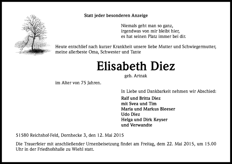  Traueranzeige für Elisabeth Diez vom 16.05.2015 aus Kölner Stadt-Anzeiger / Kölnische Rundschau / Express