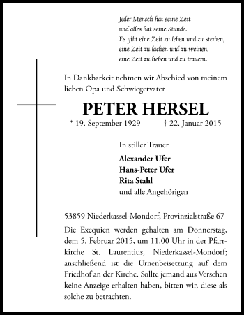 Anzeige von Peter Hersel von Kölner Stadt-Anzeiger / Kölnische Rundschau / Express