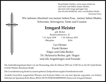 Anzeige von Irmgard Heister von Kölner Stadt-Anzeiger / Kölnische Rundschau / Express
