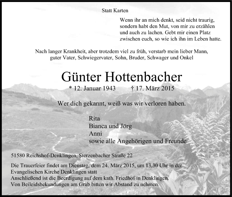  Traueranzeige für Günter Hottenbacher vom 19.03.2015 aus Kölner Stadt-Anzeiger / Kölnische Rundschau / Express