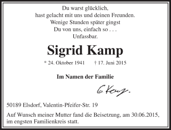 Anzeige von Sigrid Kamp von  Sonntags-Post 