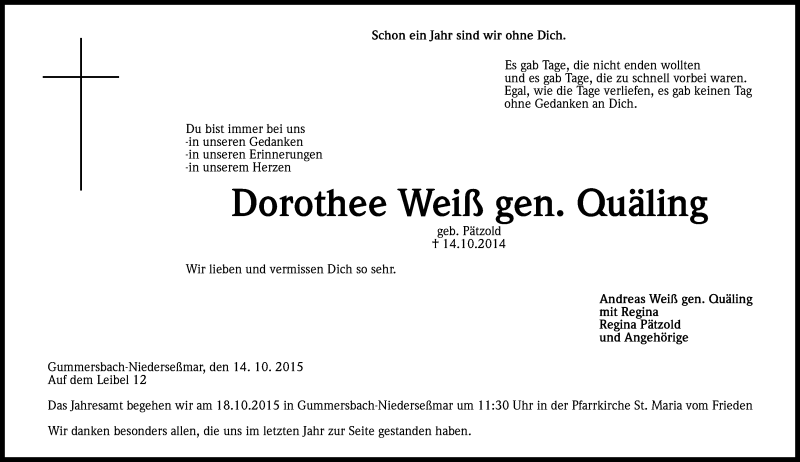  Traueranzeige für Dorothee Weiß gen. Quäling vom 14.10.2015 aus Kölner Stadt-Anzeiger / Kölnische Rundschau / Express