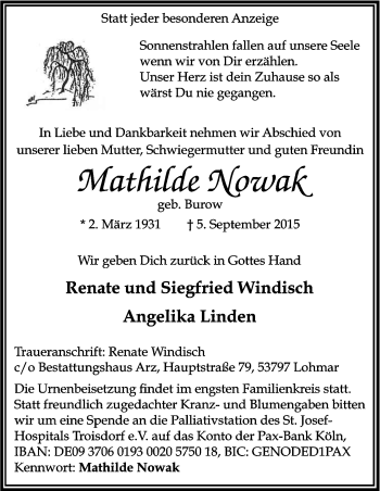 Anzeige von Mathilde Nowak von Kölner Stadt-Anzeiger / Kölnische Rundschau / Express
