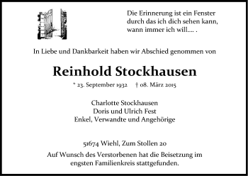 Anzeige von Reinhold Stockhausen von Kölner Stadt-Anzeiger / Kölnische Rundschau / Express