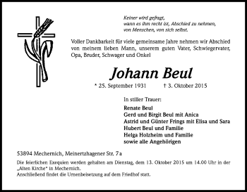 Anzeige von Johann Beul von Kölner Stadt-Anzeiger / Kölnische Rundschau / Express