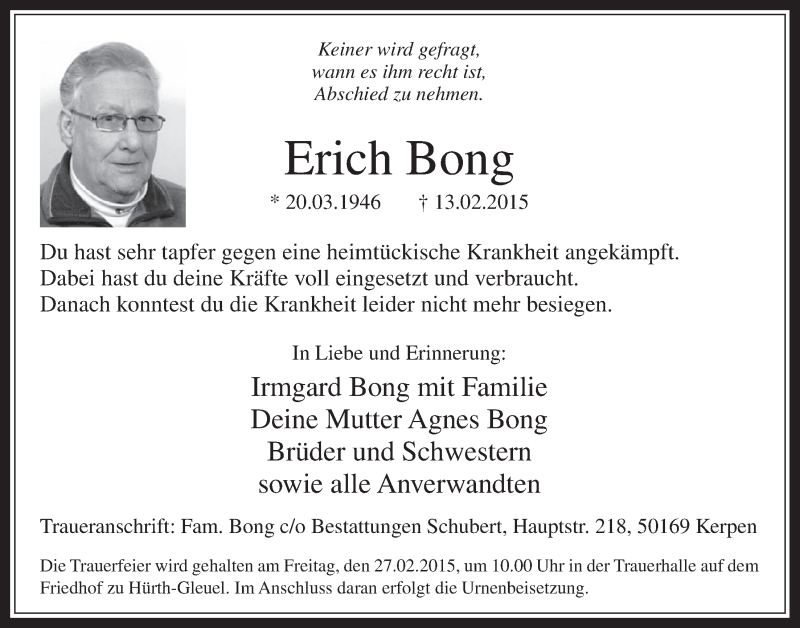  Traueranzeige für Erich Bong vom 25.02.2015 aus  Wochenende 
