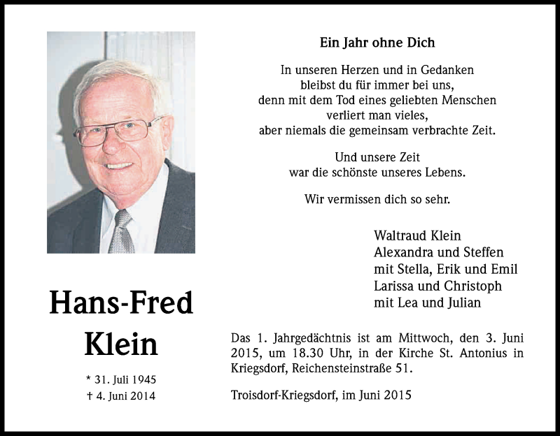  Traueranzeige für Hans-Fred Klein vom 30.05.2015 aus Kölner Stadt-Anzeiger / Kölnische Rundschau / Express