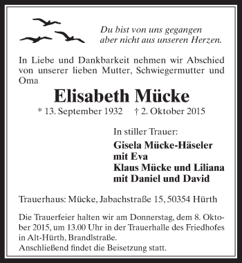 Anzeige von Elisabeth Mücke von  Wochenende 