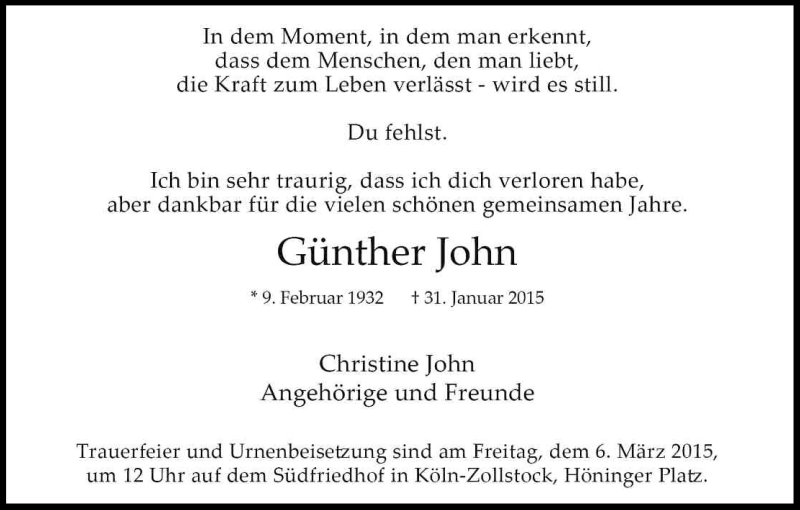  Traueranzeige für Günther John vom 14.02.2015 aus Kölner Stadt-Anzeiger / Kölnische Rundschau / Express