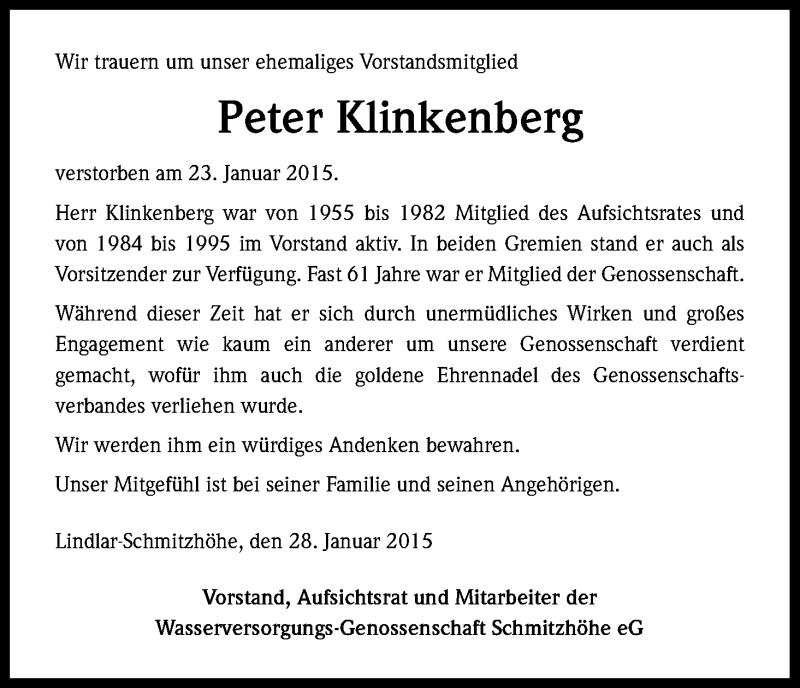  Traueranzeige für Peter Klinkenberg vom 31.01.2015 aus Kölner Stadt-Anzeiger / Kölnische Rundschau / Express