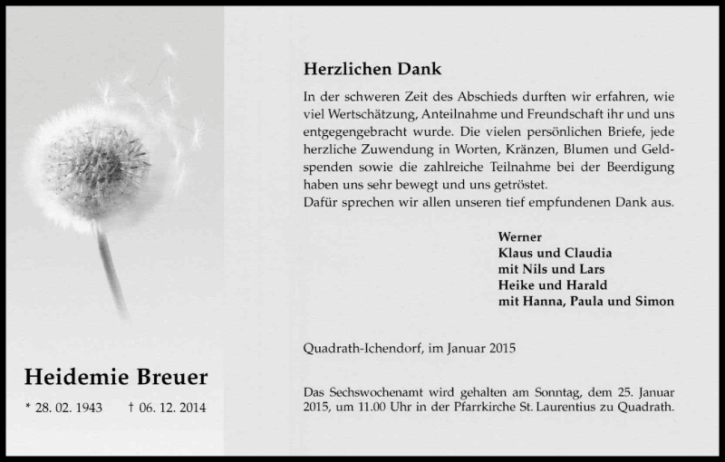  Traueranzeige für Heidemie Breuer vom 14.01.2015 aus Kölner Stadt-Anzeiger / Kölnische Rundschau / Express