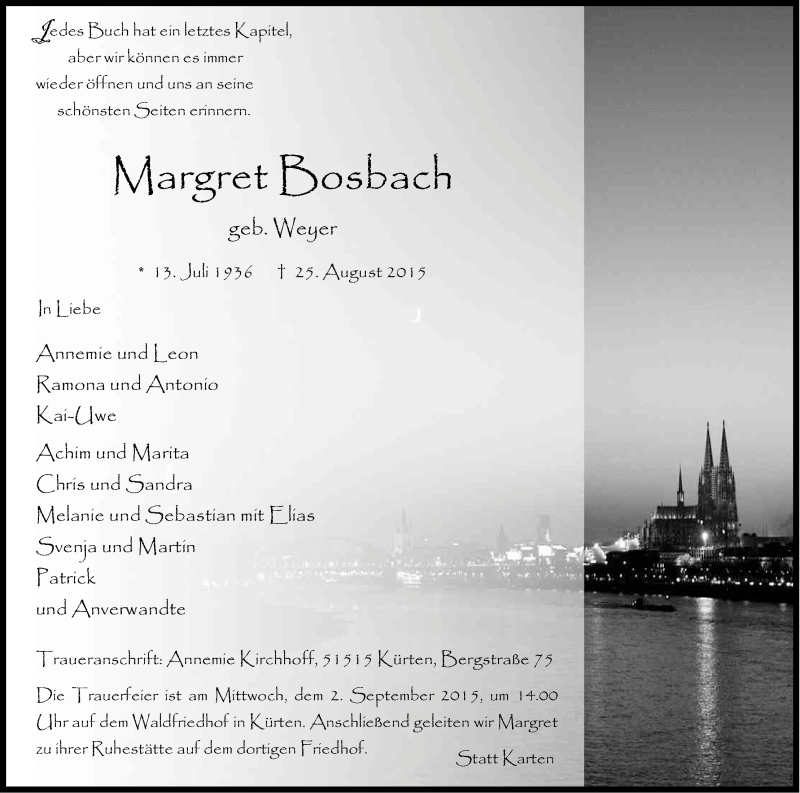  Traueranzeige für Margret Bosbach vom 29.08.2015 aus Kölner Stadt-Anzeiger / Kölnische Rundschau / Express