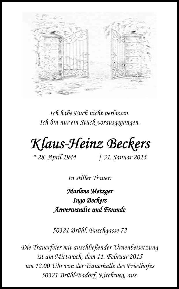  Traueranzeige für Klaus-Heinz Beckers vom 07.02.2015 aus Kölner Stadt-Anzeiger / Kölnische Rundschau / Express