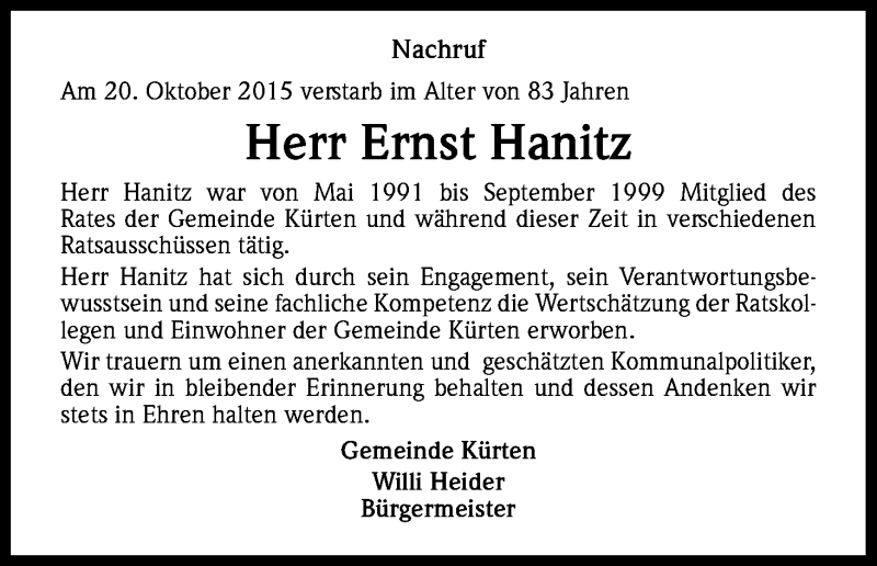  Traueranzeige für Ernst Hanitz vom 27.10.2015 aus Kölner Stadt-Anzeiger / Kölnische Rundschau / Express