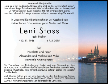 Anzeige von Leni Stass von Kölner Stadt-Anzeiger / Kölnische Rundschau / Express