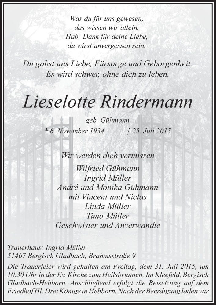  Traueranzeige für Lieselotte Rindermann vom 29.07.2015 aus  Bergisches Handelsblatt 