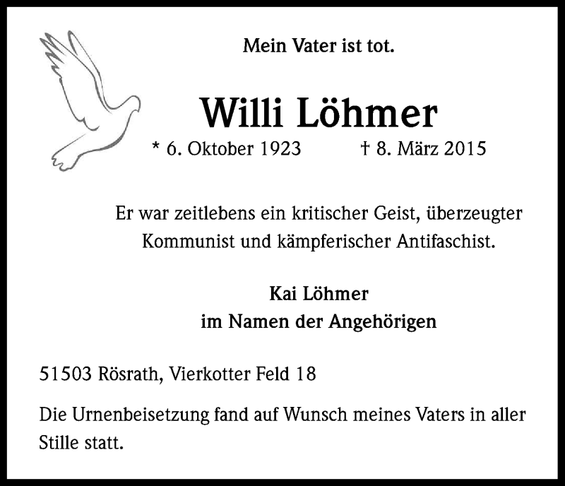  Traueranzeige für Willi Löhmer vom 21.03.2015 aus Kölner Stadt-Anzeiger / Kölnische Rundschau / Express