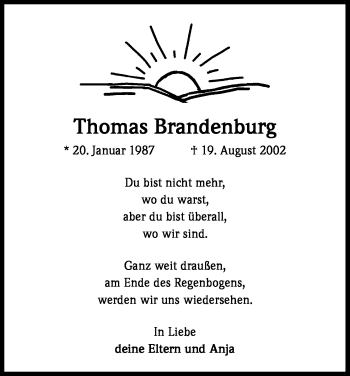 Anzeige von Thomas Brandenburg von Kölner Stadt-Anzeiger / Kölnische Rundschau / Express
