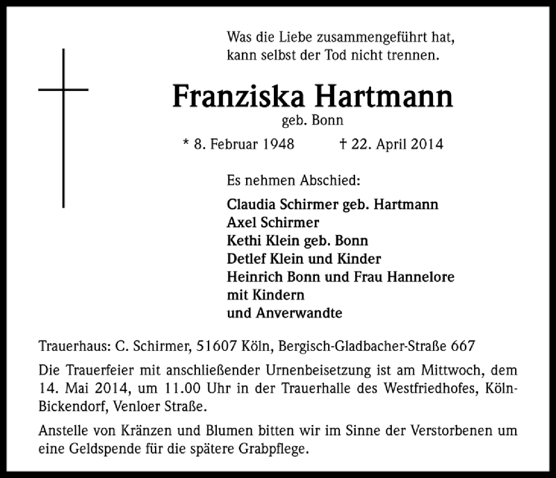  Traueranzeige für Franziska Hartmann vom 08.05.2014 aus Köln - Wir Trauern