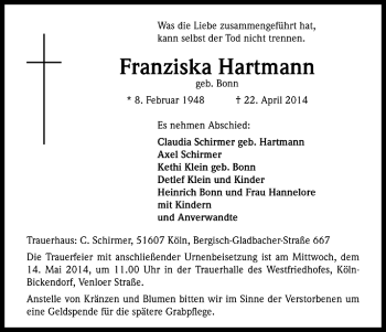 Anzeige von Franziska Hartmann von Köln - Wir Trauern