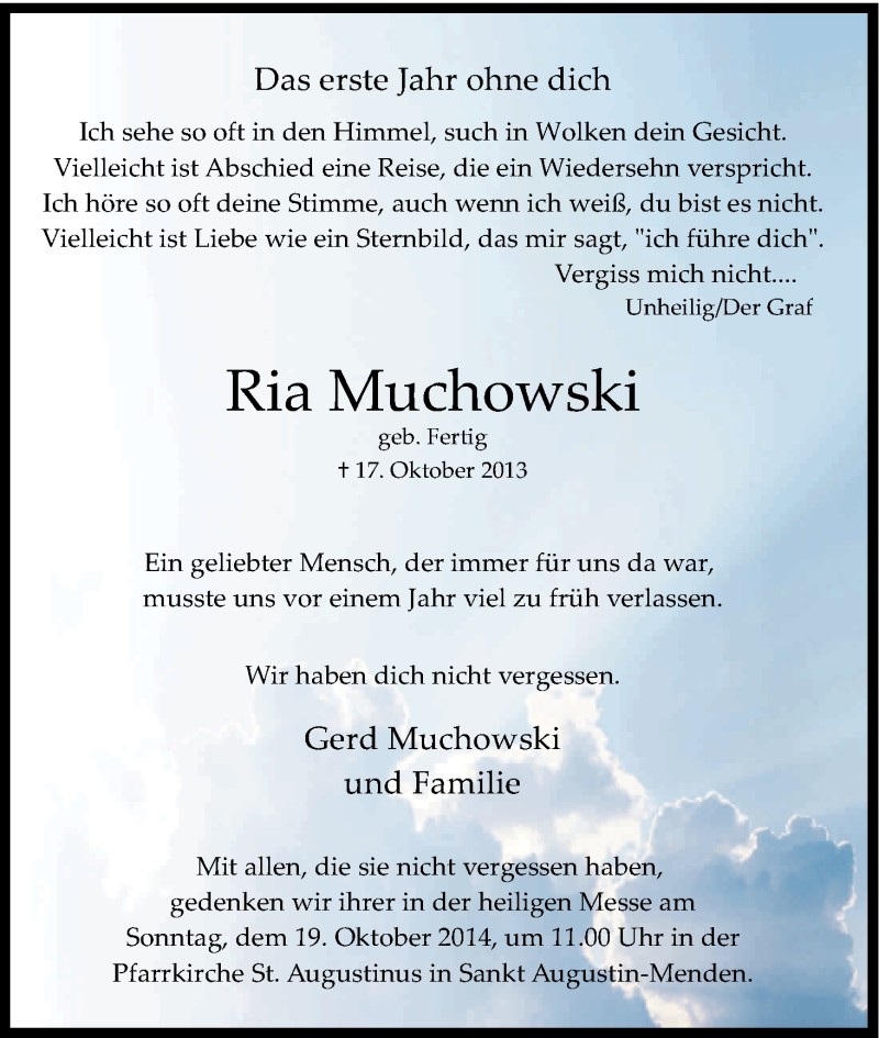  Traueranzeige für Ria Muchowski vom 11.10.2014 aus Kölner Stadt-Anzeiger / Kölnische Rundschau / Express