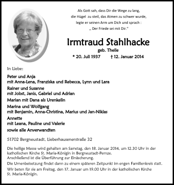 Anzeige von Irmtraud Stahlhacke von Köln - Wir Trauern