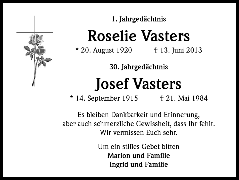  Traueranzeige für Roselie Vasters vom 13.06.2014 aus Kölner Stadt-Anzeiger / Kölnische Rundschau / Express
