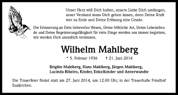Anzeige von Wilhelm Mahlberg von Köln - Wir Trauern