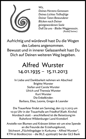 Anzeige von Alfred Wurster von Köln - Wir Trauern