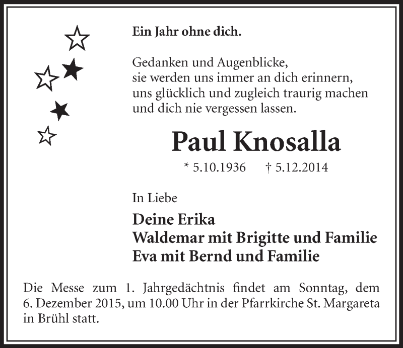  Traueranzeige für Paul Knosalla vom 02.12.2015 aus  Schlossbote/Werbekurier 