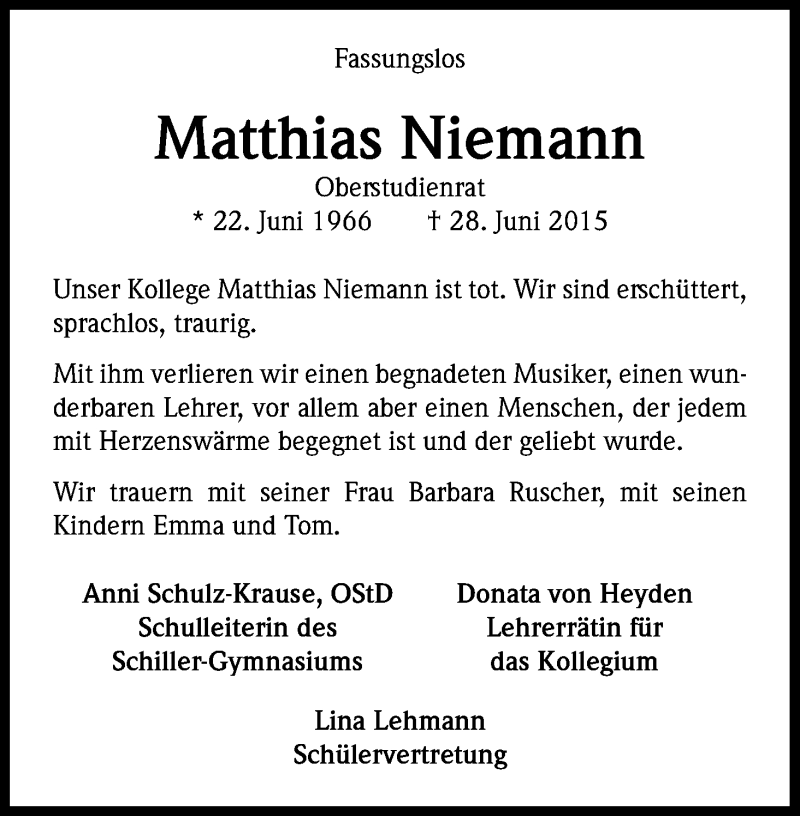  Traueranzeige für Matthias Niemann vom 04.07.2015 aus Kölner Stadt-Anzeiger / Kölnische Rundschau / Express