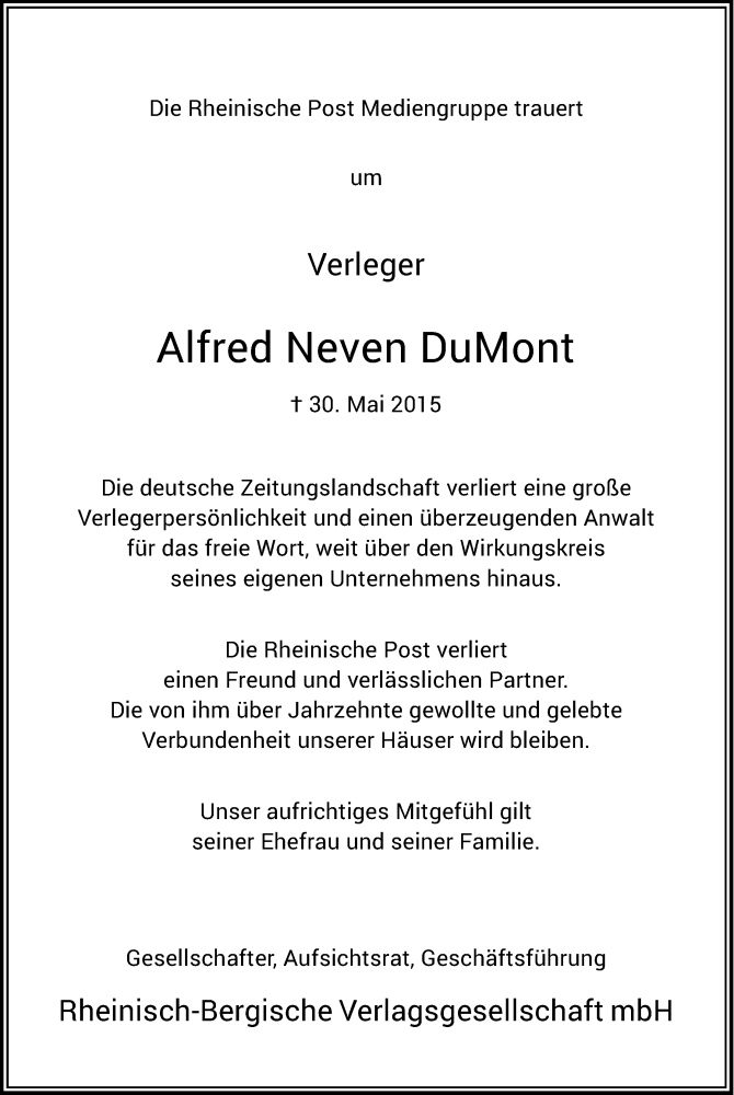  Traueranzeige für Alfred Neven DuMont vom 06.06.2015 aus Kölner Stadt-Anzeiger / Kölnische Rundschau / Express