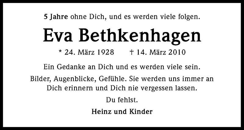  Traueranzeige für Eva Bethkenhagen vom 14.03.2015 aus Kölner Stadt-Anzeiger / Kölnische Rundschau / Express