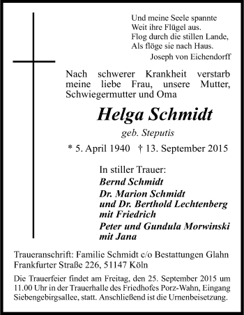 Anzeige von Helga Schmidt von Kölner Stadt-Anzeiger / Kölnische Rundschau / Express