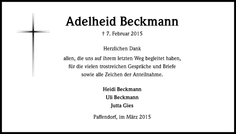  Traueranzeige für Adelheid Beckmann vom 14.03.2015 aus Kölner Stadt-Anzeiger / Kölnische Rundschau / Express