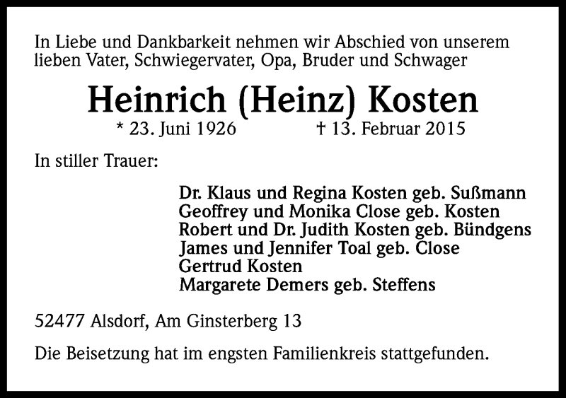  Traueranzeige für Heinrich  Kosten vom 07.03.2015 aus Kölner Stadt-Anzeiger / Kölnische Rundschau / Express