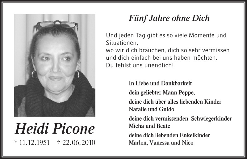  Traueranzeige für Heidi Picone vom 24.06.2015 aus  Bergisches Handelsblatt 