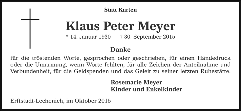  Traueranzeige für Klaus Peter Meyer vom 31.10.2015 aus Kölner Stadt-Anzeiger / Kölnische Rundschau / Express