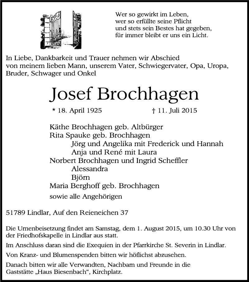  Traueranzeige für Josef Brochhagen vom 25.07.2015 aus Kölner Stadt-Anzeiger / Kölnische Rundschau / Express