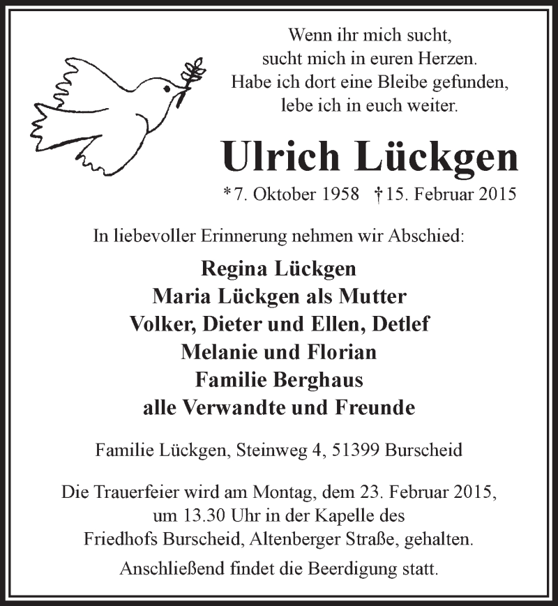  Traueranzeige für Ulrich Lückgen vom 21.02.2015 aus  Leverkusener Wochenende 