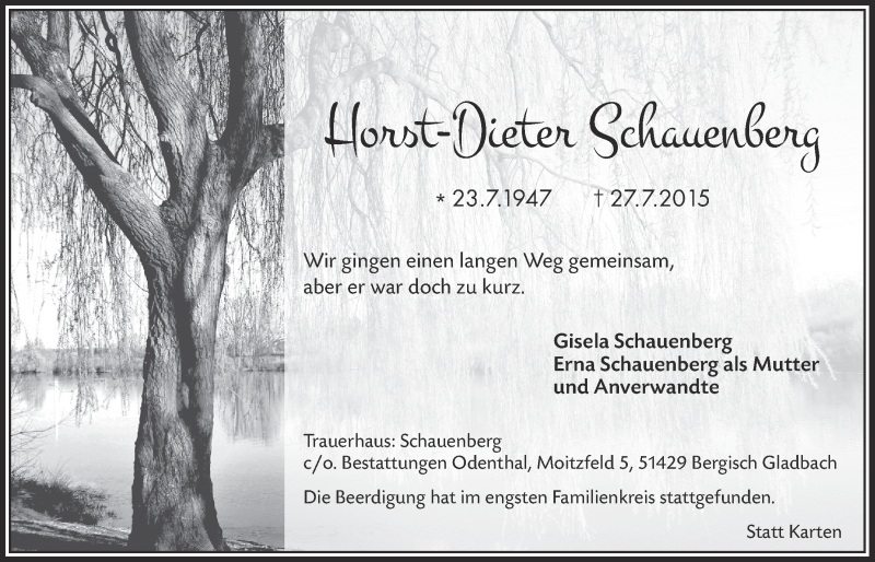  Traueranzeige für Horst-Dieter Schauenberg vom 19.08.2015 aus  Bergisches Handelsblatt 